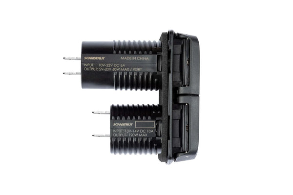 Side profile of Scanstrut power socket showing technical specifications and rear terminals