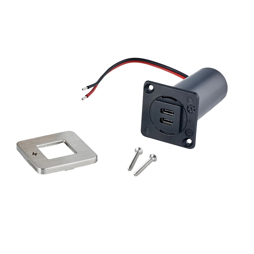 Components of the dual USB-C socket kit including bezel, barrel, and screws