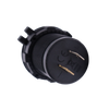 Rear view of socket housing showing positive and negative spade terminals and markings