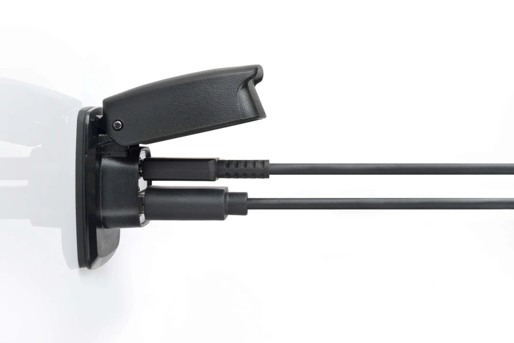 Side profile of Flip Pro USB socket with cables connected and lid open