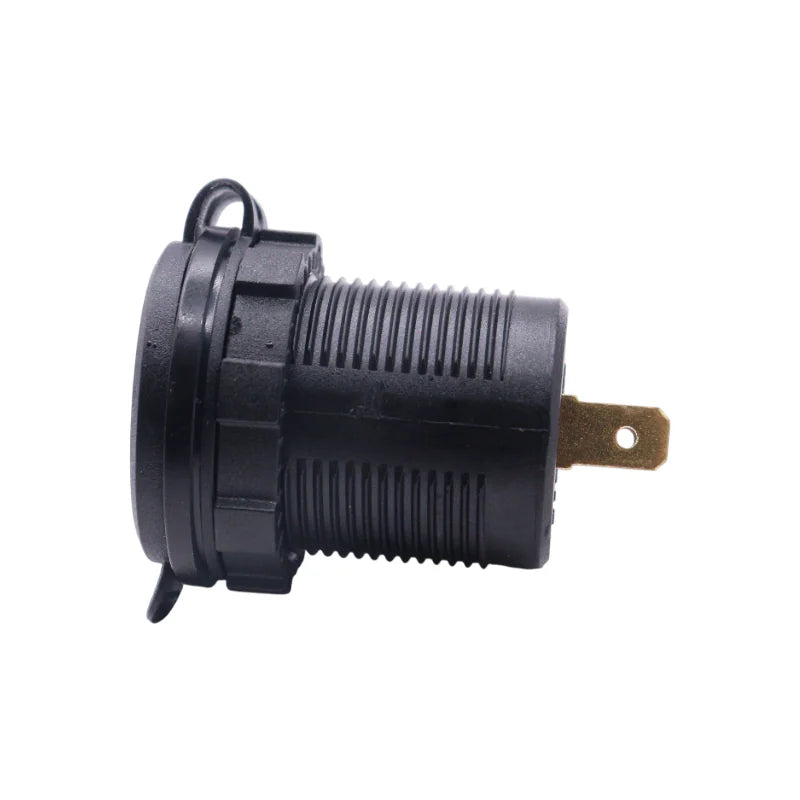 Side profile of USB socket body showing threaded housing and metal spade terminal
