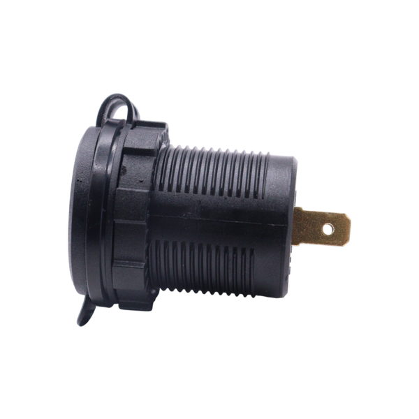 Side profile of USB socket body showing threaded housing and metal spade terminal