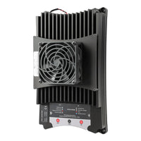 Angled view of black 100A buck-boost DC-DC converter with central cooling fan and status LEDs