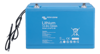 Angled front view of blue Victron 100Ah lithium battery showing M8 terminal bolts