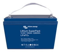 Perspective view of the Victron 12.8V 100Ah SuperPack battery highlighting the durable blue enclosure