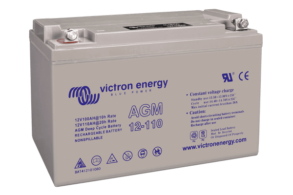 Angled view of a grey Victron 12V 110Ah AGM deep cycle battery showing top terminals