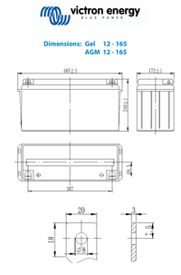 Dimensional engineering drawing for Victron 12-165 battery model