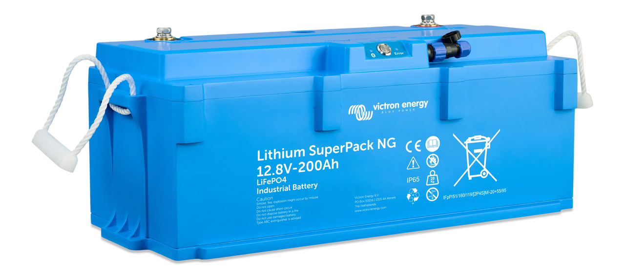 Angled view of Victron 12.8V 200Ah SuperPack NG battery with EFS connector and M8 terminals