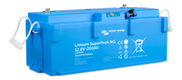 Angled view of Victron 12.8V 200Ah SuperPack NG battery with EFS connector and M8 terminals