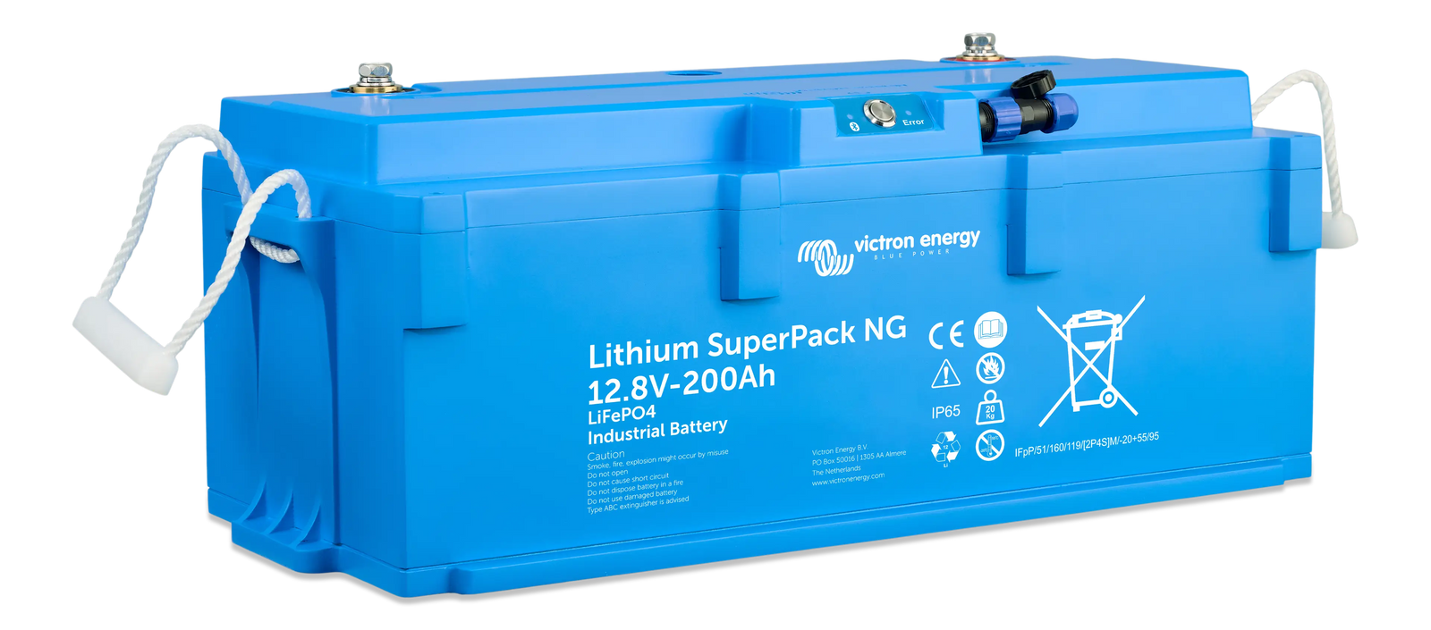 Angled view of Victron 12.8V 200Ah SuperPack NG battery with EFS connector and M8 terminals