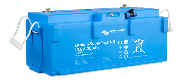 Angled view of Victron 12.8V 200Ah SuperPack NG battery with EFS connector and M8 terminals