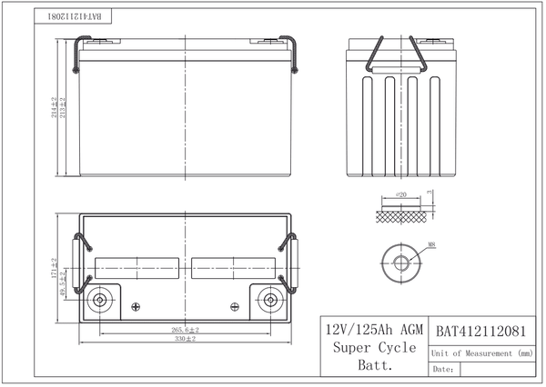 Technical dimensional drawing of Victron 12V 125Ah AGM battery in millimetres
