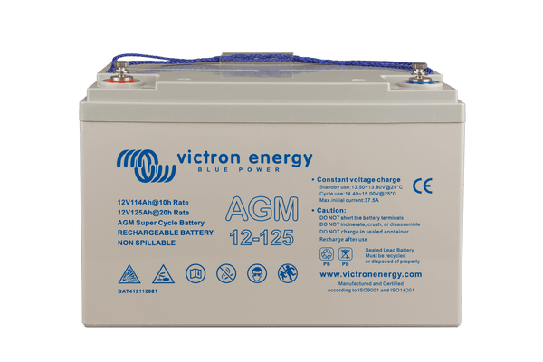 Front view of Victron 125Ah AGM battery showing M8 terminal studs