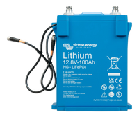 Front view of the 100Ah lithium battery showing chemical and capacity specifications