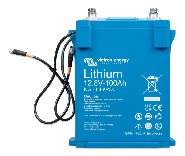 Front view of the 100Ah lithium battery showing chemical and capacity specifications