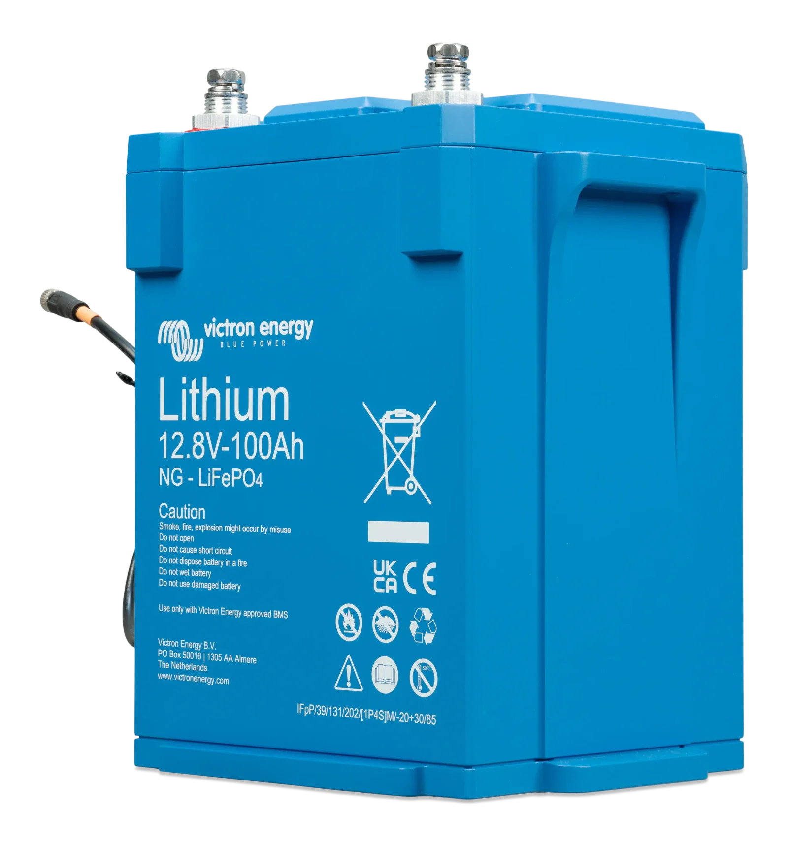 Side angled view of blue Victron lithium battery showing recessed handle for lifting