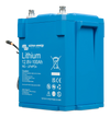 Side angled view of blue Victron lithium battery showing recessed handle for lifting