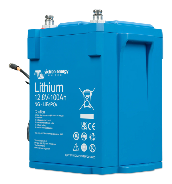 Side angled view of blue Victron lithium battery showing recessed handle for lifting