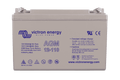 Front view of a grey Victron AGM 12-110 deep cycle battery with terminal bolts on top
