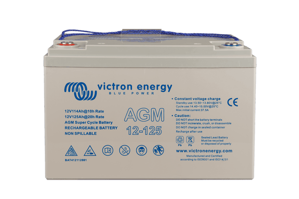 Front view of Victron 12V 125Ah AGM Super Cycle deep cycle battery