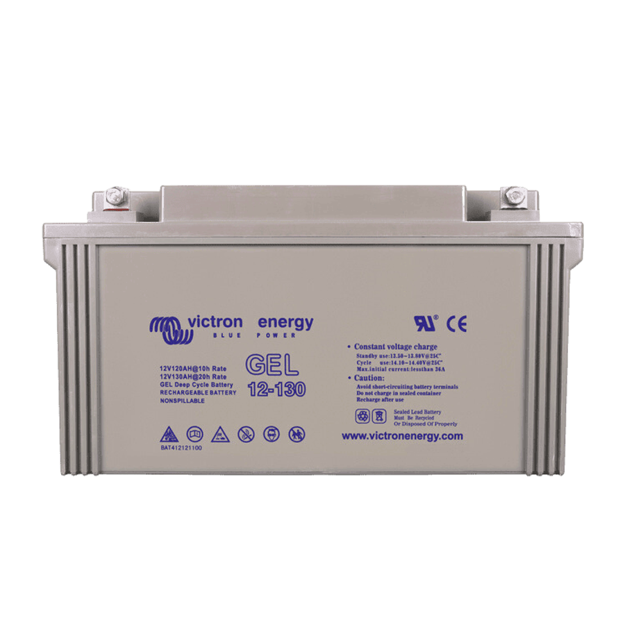 Front view of Victron 12V 130Ah gel battery showing terminal bolts and technical labels