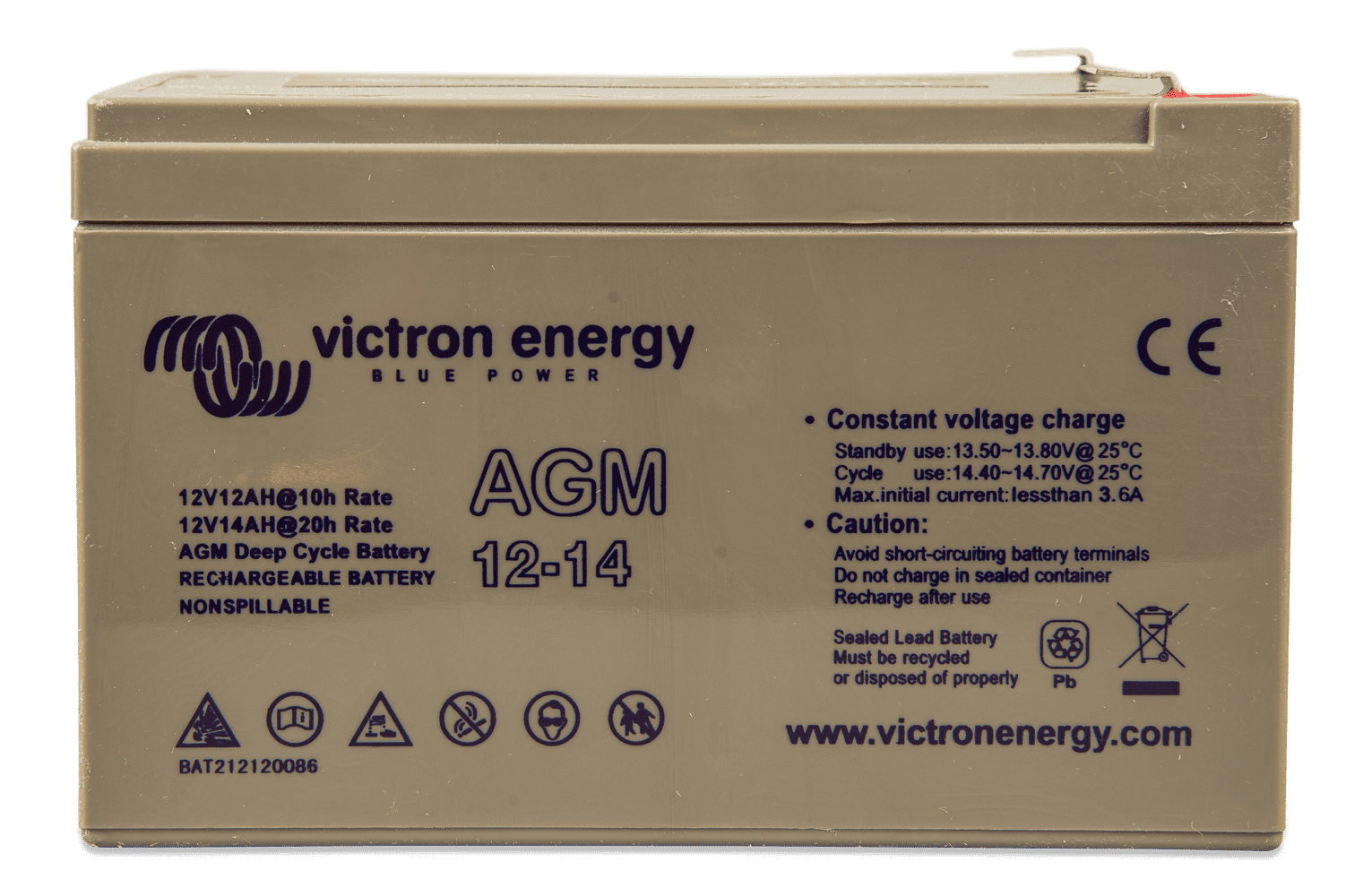 Front view of Victron 12V 14Ah AGM deep cycle battery showing specifications