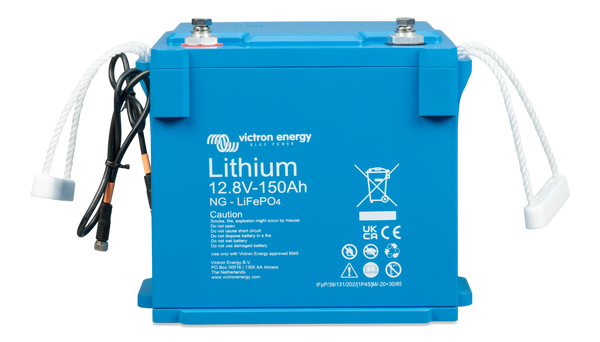 Victron 12.8V 150Ah Smart NG LiFePO4 battery front view showing BMS cables and rope handles