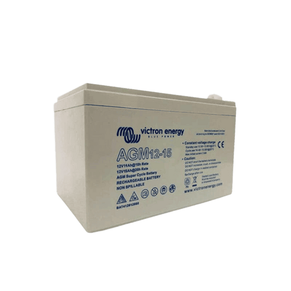 Victron 12V 15Ah AGM Super Cycle battery showing Faston terminals and product label