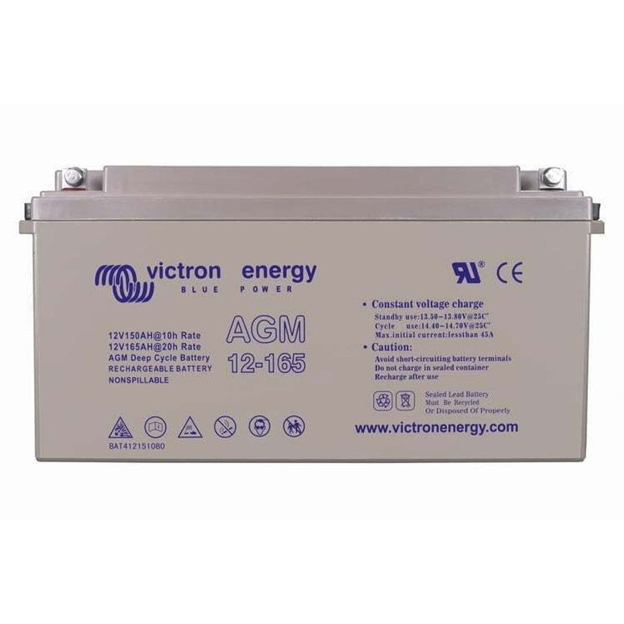 Front view of Victron 12V 165Ah AGM deep cycle battery with blue specifications and safety labels