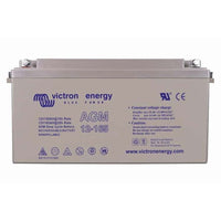 Front view of Victron 12V 165Ah AGM deep cycle battery with blue specifications and safety labels