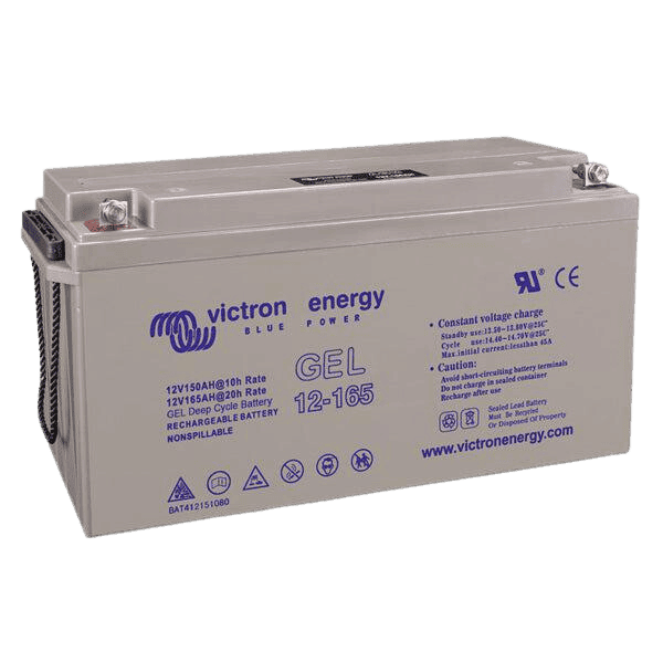 Victron 12V 165Ah Gel deep cycle battery featuring M8 terminals and integrated carry handles