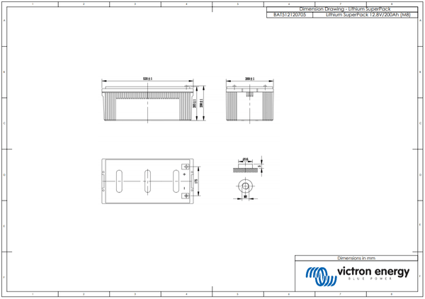 Technical dimension drawing of the 200Ah battery showing 520mm length and 208mm height