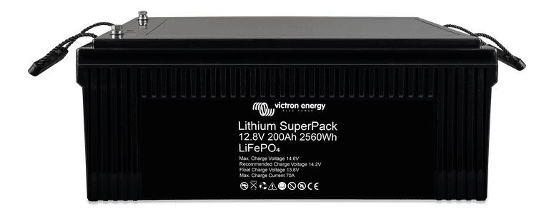Angled top view of lithium battery highlighting terminals and product label