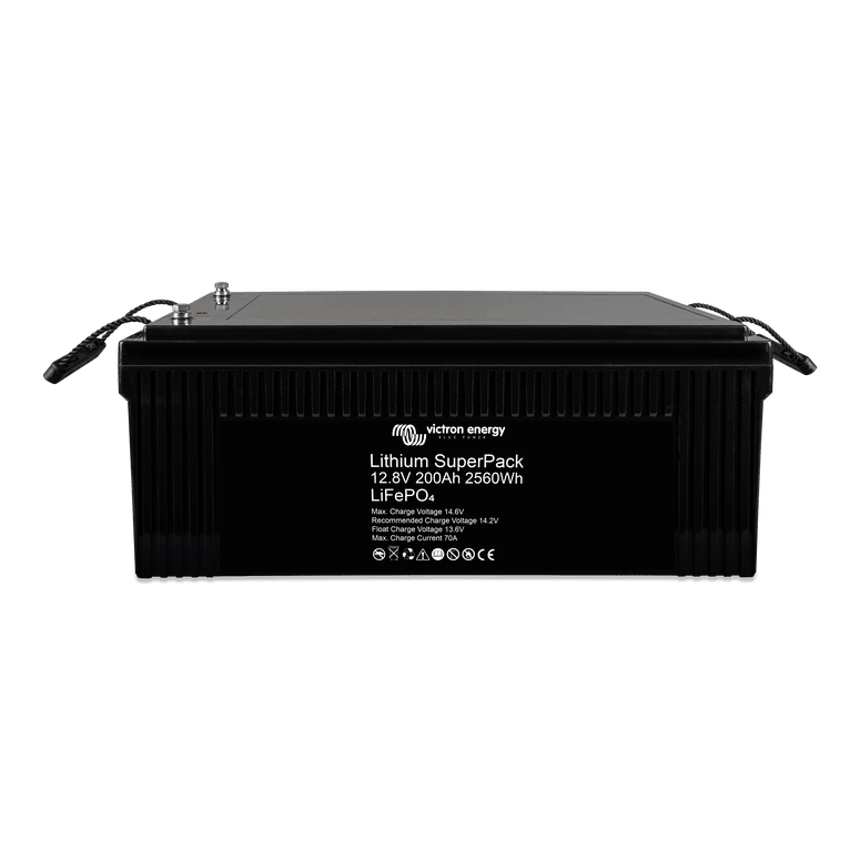 Angled top view of lithium battery highlighting terminals and product label