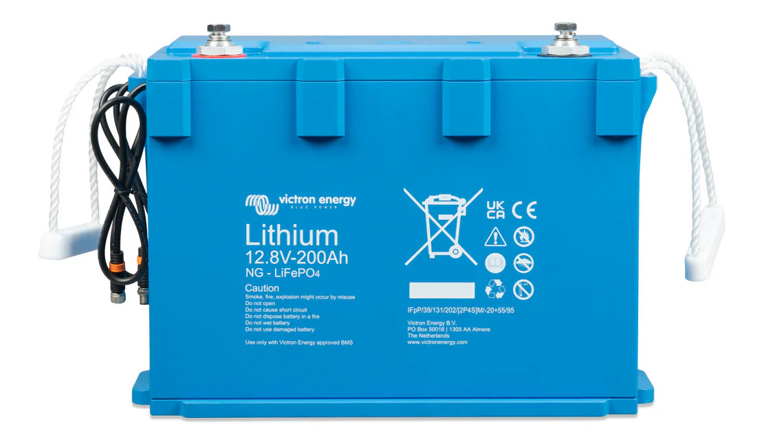 Blue Victron lithium battery 12.8V 200Ah with rope handles and M8 terminals
