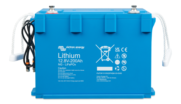 Blue Victron lithium battery 12.8V 200Ah with rope handles and M8 terminals