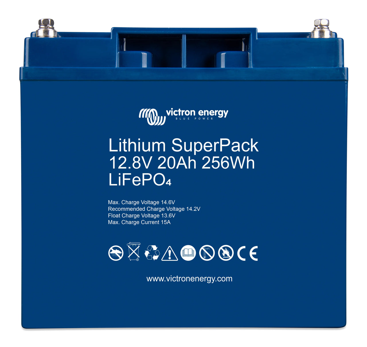 Front view of Victron Lithium SuperPack 12.8V 20Ah 256Wh LiFePO4 battery in blue casing