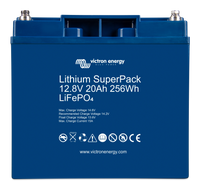 Front view of Victron Lithium SuperPack 12.8V 20Ah 256Wh LiFePO4 battery in blue casing