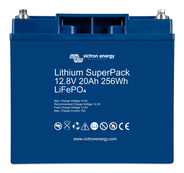 Front view of Victron Lithium SuperPack 12.8V 20Ah 256Wh LiFePO4 battery in blue casing