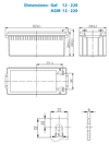 Technical dimensional drawing of the 220Ah AGM battery showing casing and terminal measurements