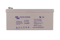 Front view of 12V 220Ah AGM deep cycle battery showing specifications and certifications