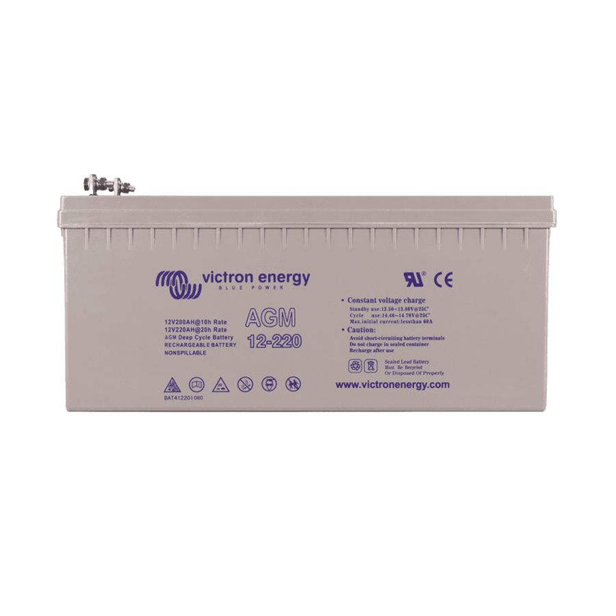 Front view of 12V 220Ah AGM deep cycle battery showing specifications and certifications