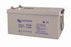 Angled view of Victron 12V 220Ah AGM battery with technical labels and M8 terminals