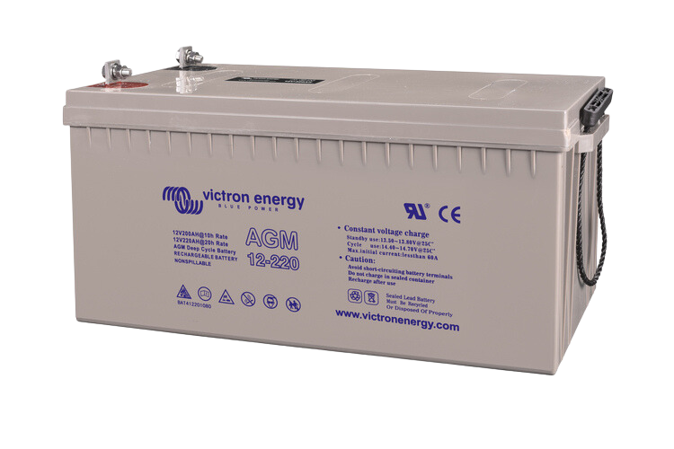 Angled view of 12V 220Ah AGM battery highlighting the integrated rope carry handle