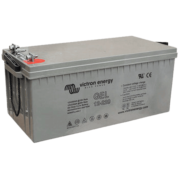 Victron 12V 220Ah gel deep cycle battery with grey casing and integrated rope carry handles