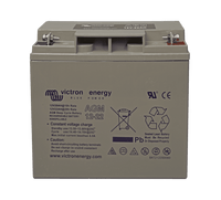 Victron 12V 22Ah AGM deep cycle battery with screw terminals and detailed specification label