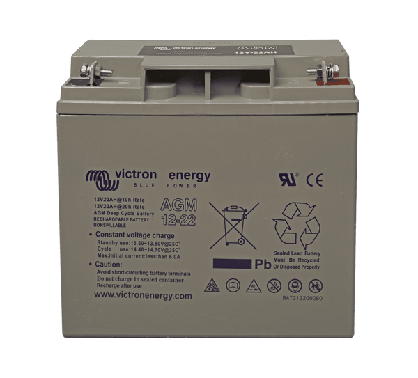 Victron 12V 22Ah AGM deep cycle battery with screw terminals and detailed specification label