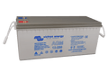 Perspective view of a grey Victron 12V 230Ah AGM Super Cycle battery with rope handles and M8 terminals
