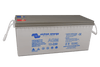 Perspective view of a grey Victron 12V 230Ah AGM Super Cycle battery with rope handles and M8 terminals