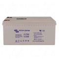 Victron 12V 240Ah AGM deep cycle battery showing copper terminals and technical specifications on grey casing